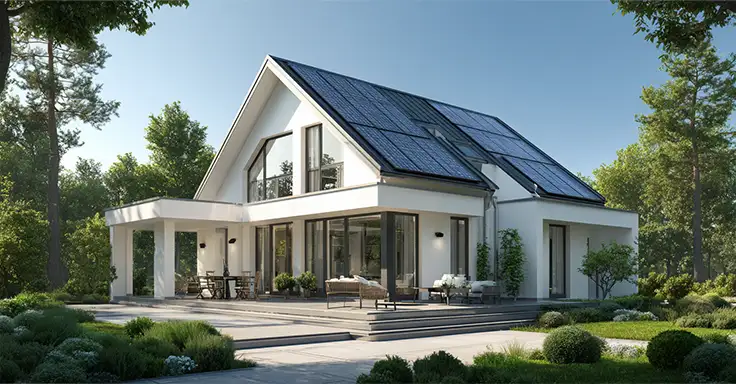 Modernes Haus mit Solarpanelen und Garten