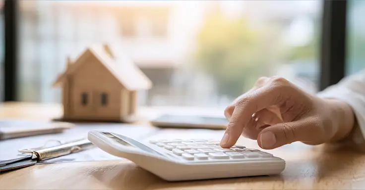 Hand mit Taschenrechner und Hausmodell auf Tisch
