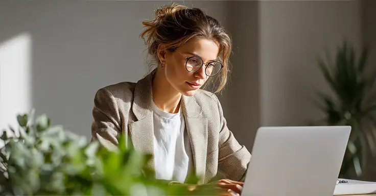 Frau am Laptop bei der Grundstückswertermittlung