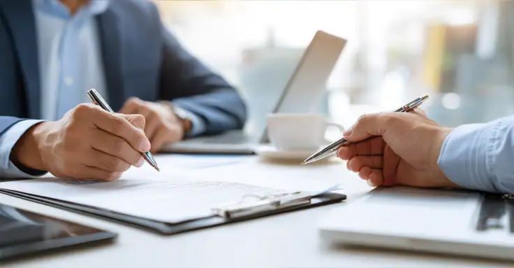 Zwei Personen unterschreiben Dokumente beim Notar