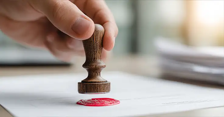 Hand stempelt Dokument mit rotem Siegel für Beglaubigung