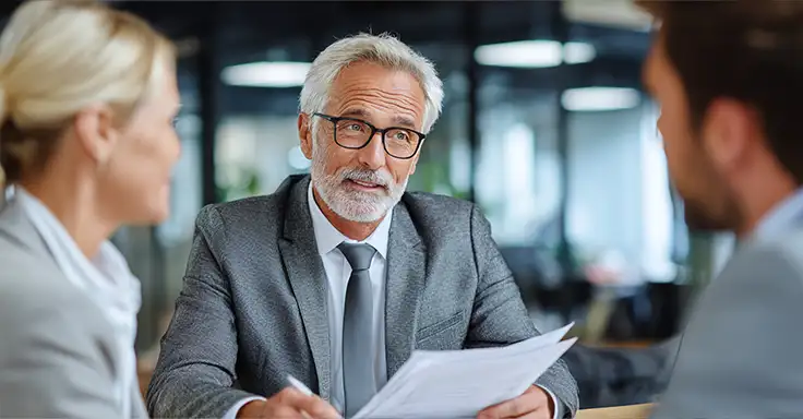Notar erklärt einem Paar Hausverkaufsdokumente im Büro