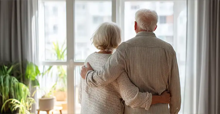 Älteres Paar schaut aus dem Fenster in einer Wohnung