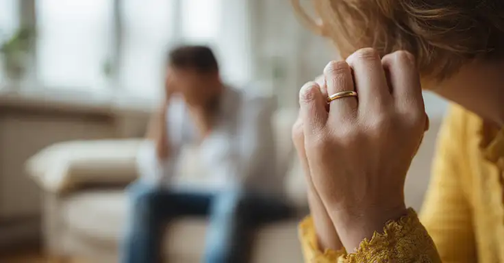 Nachdenkliche Person mit Ehering im Vordergrund