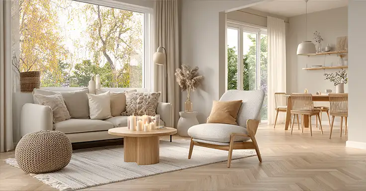 Modernes Wohnzimmer mit großen Fenstern und gemütlicher Einrichtung