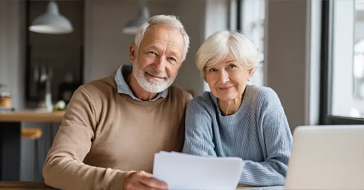 Älteres Paar mit Dokumenten am Tisch, lächelnd