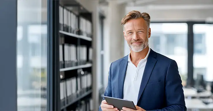 Lächelnder Mann im Anzug mit Tablet in modernem Büro