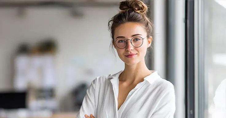 Junge Frau mit Brille im Büro, lächelnd
