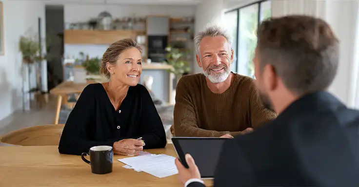 Paar im Gespräch mit Immobilienberater am Tisch