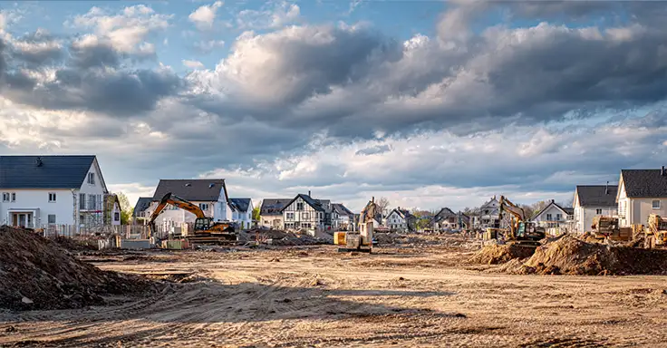 Baugrundstück mit Baggern in Wohnsiedlung unter blauem Himmel