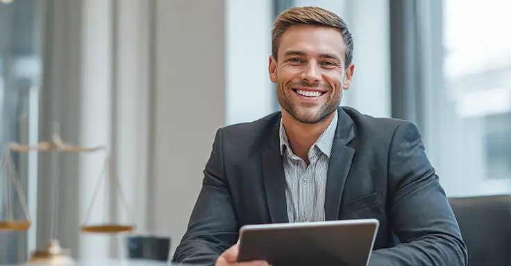 Lächelnder Mann im Anzug mit Tablet im Büro