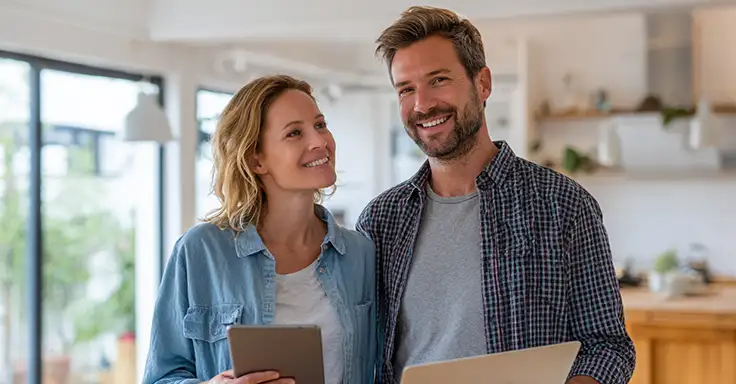 Lächelndes Paar mit Tablet und Laptop in modernem Zuhause