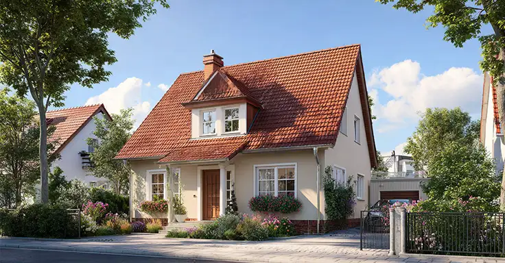 Einfamilienhaus mit rotem Dach und gepflegtem Garten