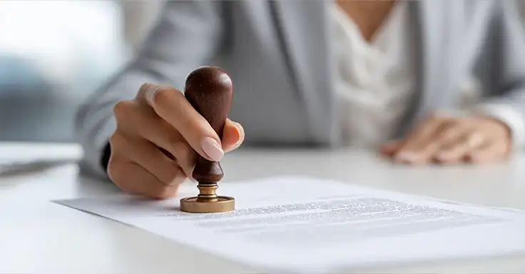 Person stempelt Dokument auf einem Tisch