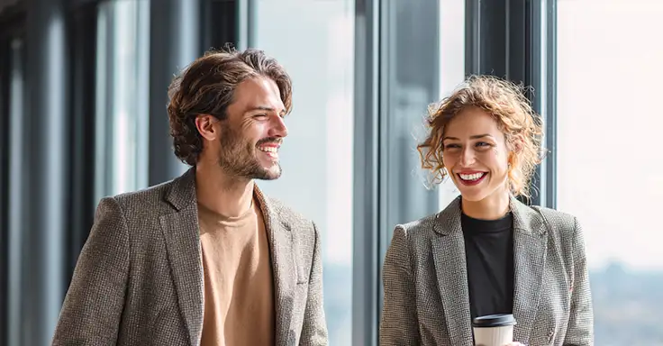 Zwei lächelnde Personen in Business-Kleidung vor Fenster