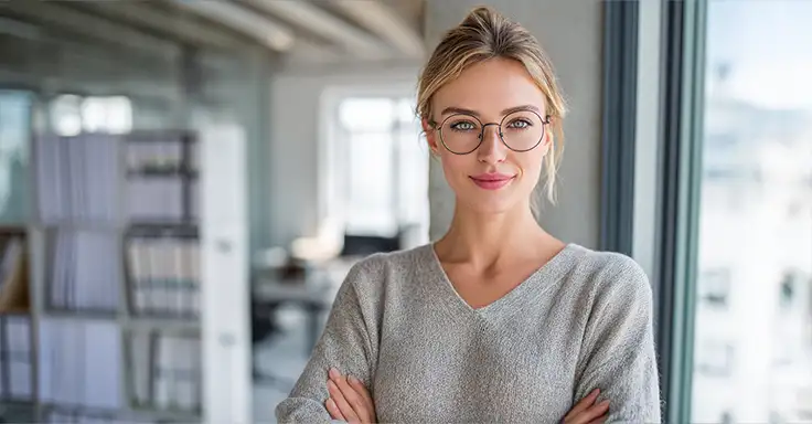 Frau im Büro mit verschränkten Armen vor Regalen