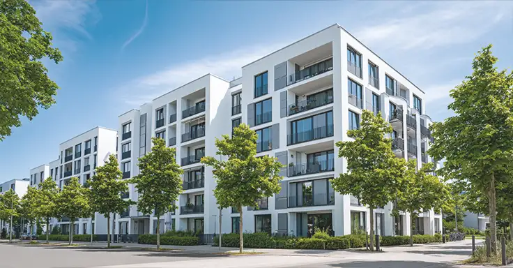Moderne weiße Wohngebäude mit Balkonen und Bäumen