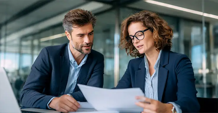 Zwei Personen besprechen Immobilienunterlagen