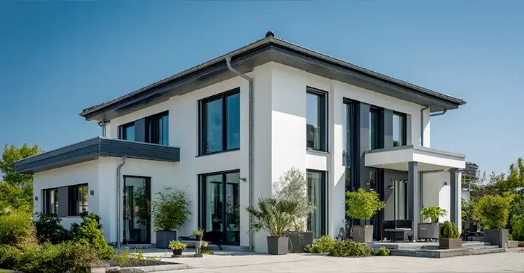 Modernes zweistöckiges Einfamilienhaus mit großen Fenstern