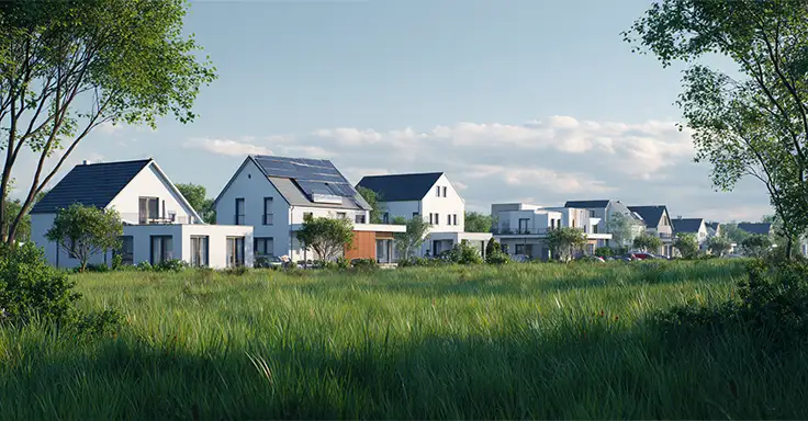 Reihe moderner Einfamilienhäuser mit Solarpanelen