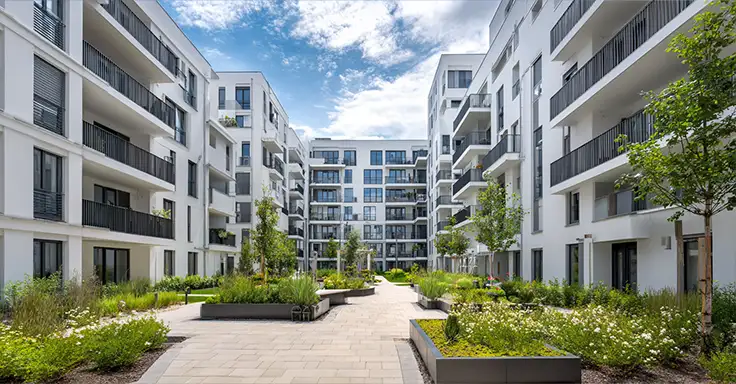 Innenhof mit modernen Wohngebäuden und Grünflächen