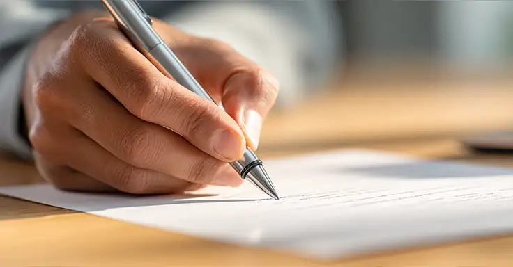 Hand unterschreibt einen Kaufvertrag mit Stift